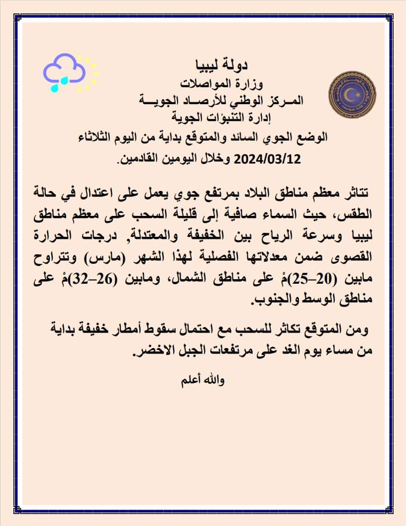 الأرصاد الجوية | أجواء معتدلة تسود معظم مناطق البلاد