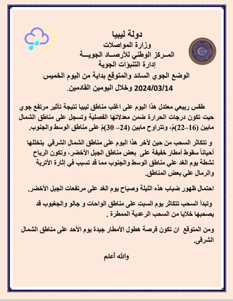 طقس ربيعي معتدل هذا اليوم على اغلب مناطق ليبيا