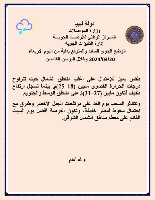 الأرصاد| طقس يميل للإعتدال على أغلب مناطق الشمال في ليبيا
