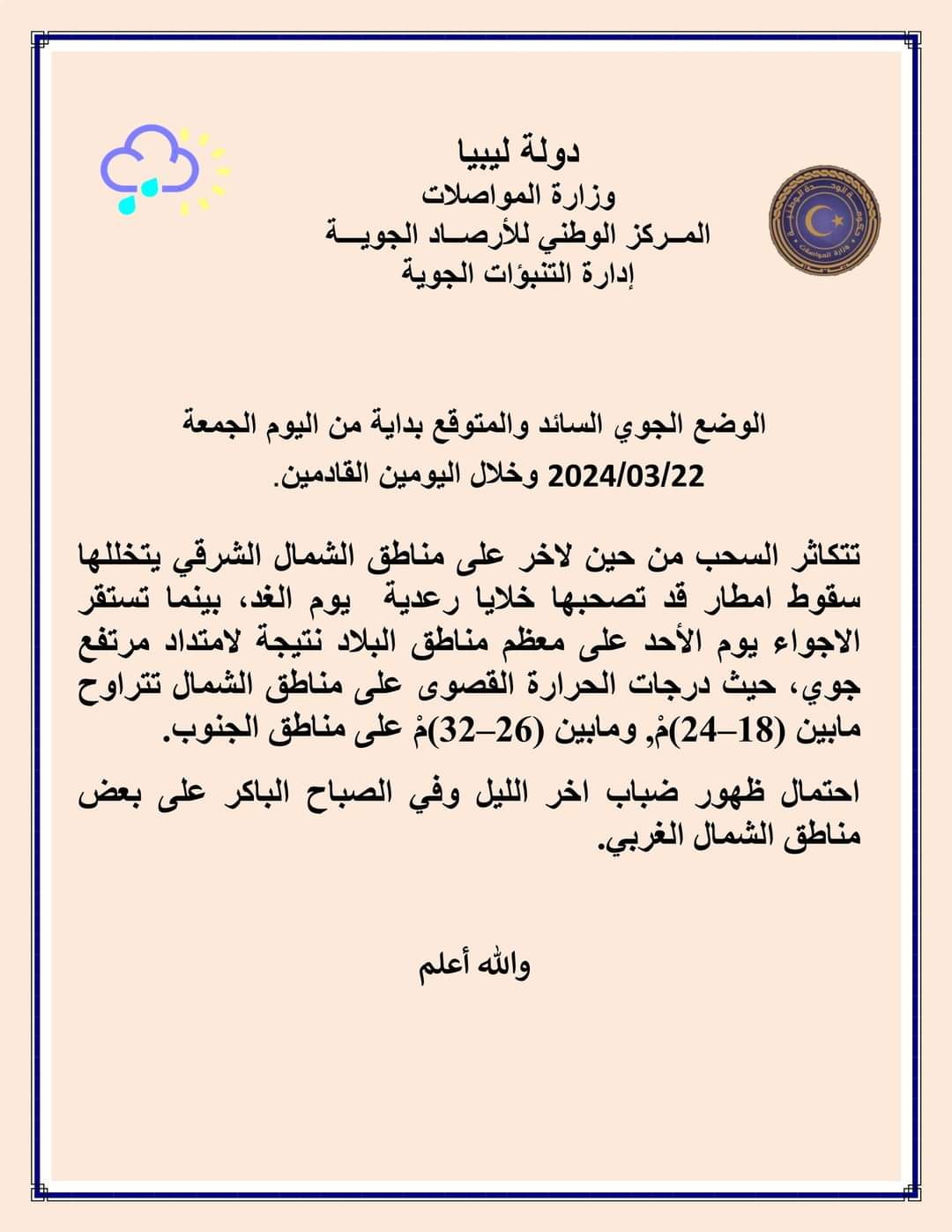 تكاثر السحب من حين لأخر على مناطق الشمال الشرقي يتخللها سقوط أمطار