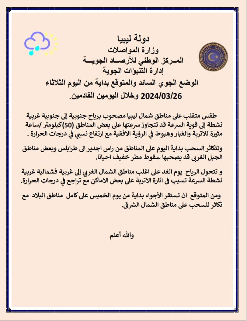 طقس متقلب مصحوب برياح نشطة مثيرة للأتربة والغبار على مناطق شمال ليبيا