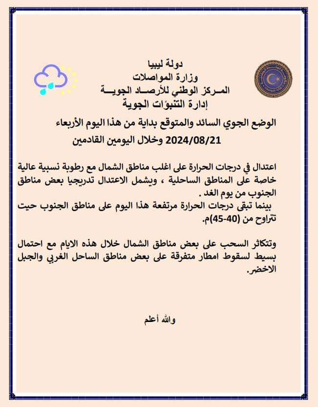 مركز الأرصاد: اعتدال نسبي في درجات الحرارة على أغلب المناطق مع رطوبة عالية