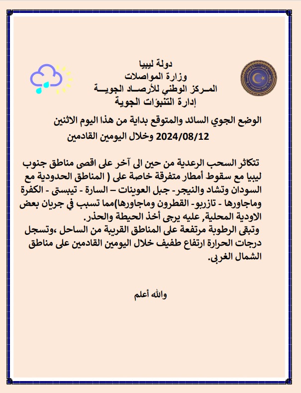 مركز الأرصاد: تكاثر للسحب الرعدية يصاحبها أمطار متفرقة مع استمرار الرطوبة