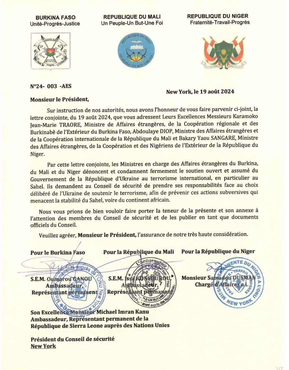 في رسالة لمجلس الأمن.. مسؤولو بوركينا فاسو ومالي والنيجر يدينون دعم أوكرانيا للإرهاب الدولي