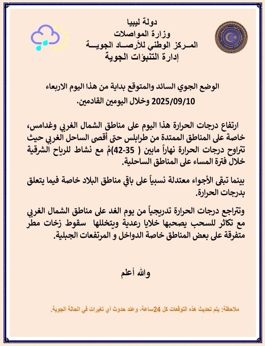 الأرصاد الجوية: ارتفاع درجات الحرارة على مناطق الشمال الغربي وغدامس